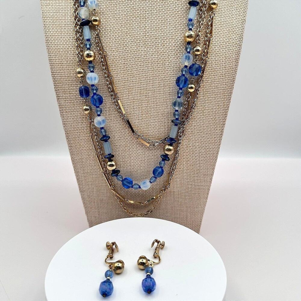 Vintage 90s Beaded Multi-Strand Gold Tone Necklace & Dangle Earrings Set Jewelry